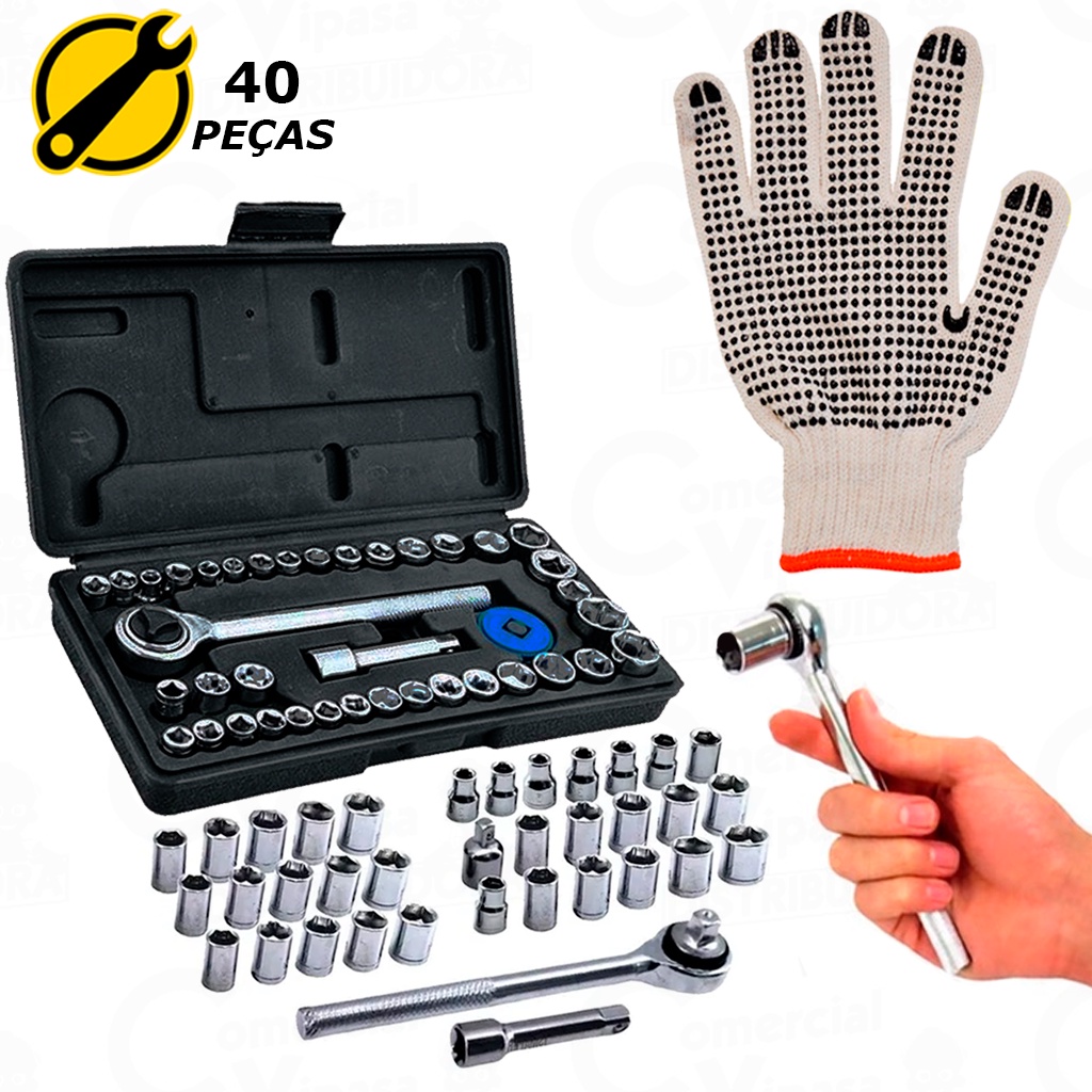 Kit Chave de Catraca Reversível com Soquetes - 40 Peças + Maleta Equipa Tools + Luva pigmentadas - Home & Living