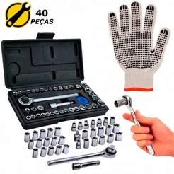 Kit Chave de Catraca Reversível com Soquetes - 40 Peças + Maleta Equipa Tools + Luva pigmentadas