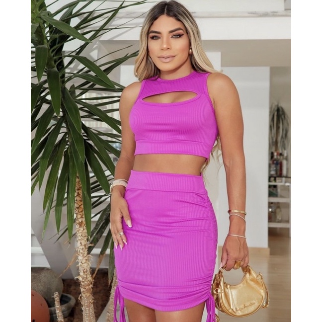 Conjunto Canelado Feminino Gringa Cropped e Saia | Shopee Brasil