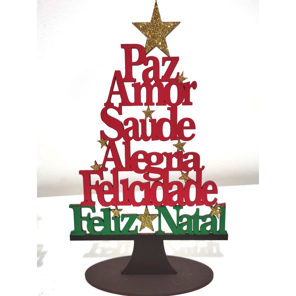 Decoração de Natal - Árvore com Palavras - Paz, Amor, Saúde, Alegria, Felicidade e Feliz Natal Vermelha