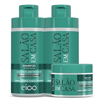 Eico Salão Em Casa Cachos Definidos Shampoo e Condicionador 450ml + Máscara Tratamento Hidrata Cacheado Crespo Ondulado