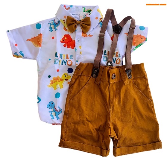 Roupa do DINO BABY infantil conjunto dinossauro bebê menino festa acompanha camisa, gravata, bermuda e suspensório em Oferta na Shopee