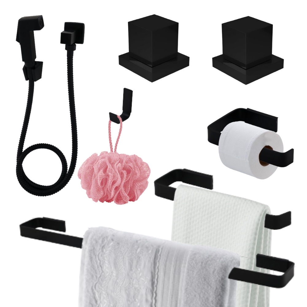 Kit de Acessórios para Banheiro Quadrado Preto Fosco Matte Completo Luxo - Kit SS + 1 Ducha Higienica C80 + 2 Acabamento Quadrado 1/2 3/4 Registro Deca METAL