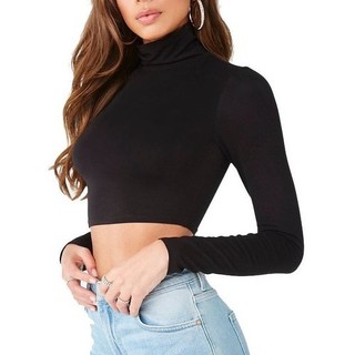 Blusa Cropped Gola Alta Manga Longa Malha Viscolycra