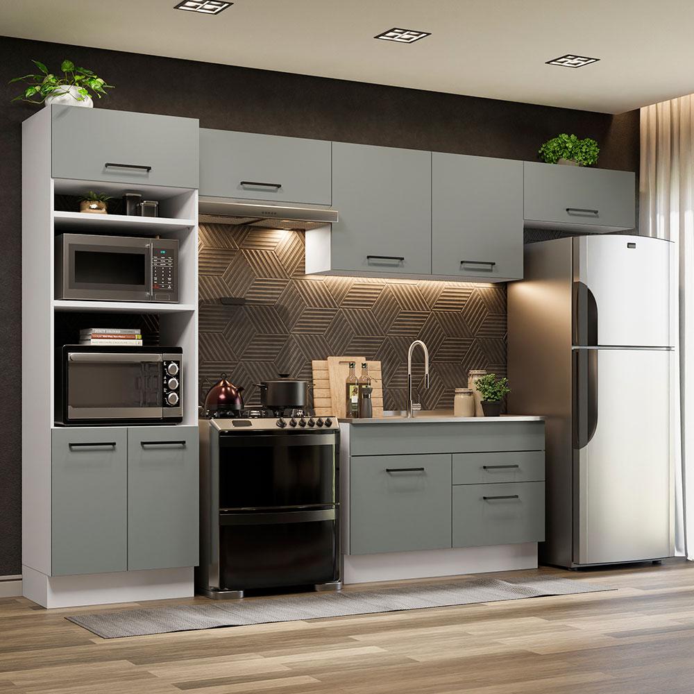 Cozinha Completa Madesa Agata 350001 com Armário e Balcão (Sem Tampo e Pia) - Branco/Cinza - Home & Living