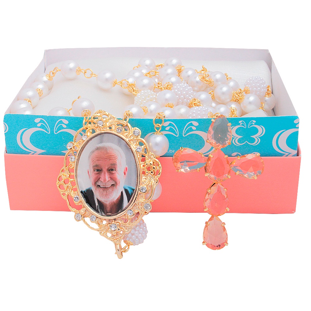 Terço Noiva Perola Personalizado Com Foto Folheado Ouro 18k