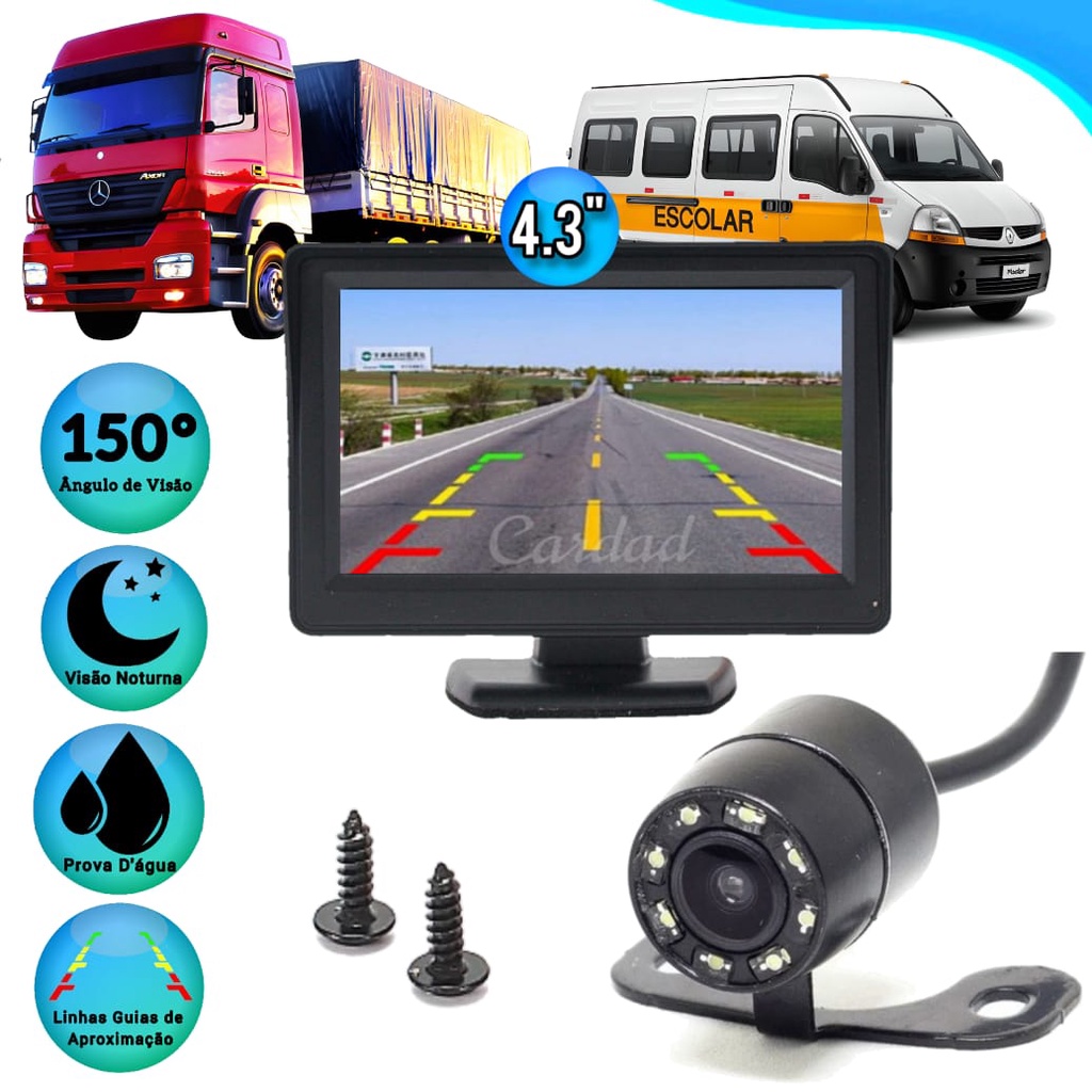 Camera De Ré com Monitor 4.3 Polegadas Colorida Noturna led kit universal