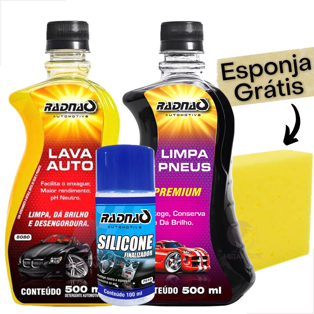 Kit Limpeza Automotiva Lava Carro Auto Super Radnaq Lava Auto Pneu Pretinho e Silicone Finalizador