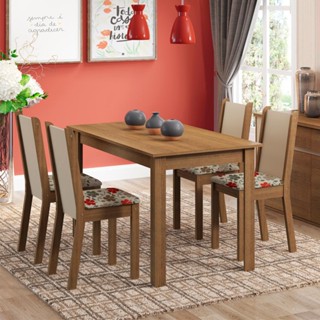 Conjunto Sala de Jantar Madesa Bea Mesa Tampo de Madeira com 4 Cadeiras - Rustic/Crema/Floral Hibiscos