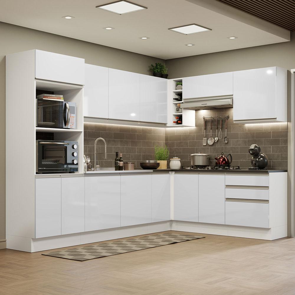 Cozinha Completa de Canto 100% MDF Madesa Acordes 479003 Armário e Balcão - Frentes Branco Brilho
