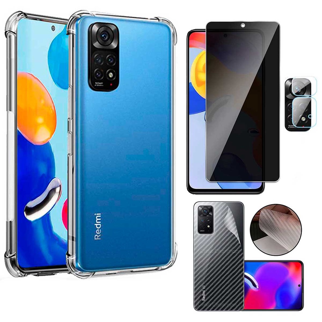 Kit 4x1 Capa Capinha para Xiaomi Redmi Note 11 Antiqueda + Película 3D Frontal Privacidade + Película Fibra Traseira + Película de Câmera