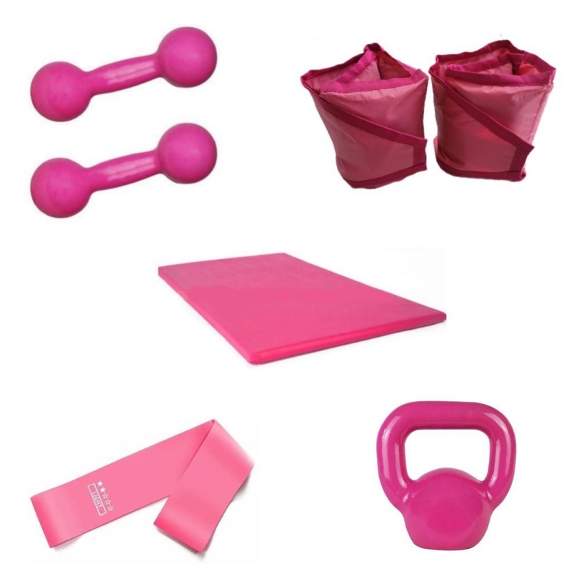 Par Peso Halter 3 Kg Rosa + Par Caneleira 3 Kg + Kettlebel 4 Kg Rosa Agachamento + Colchonete + Elástico em Oferta na Shopee
