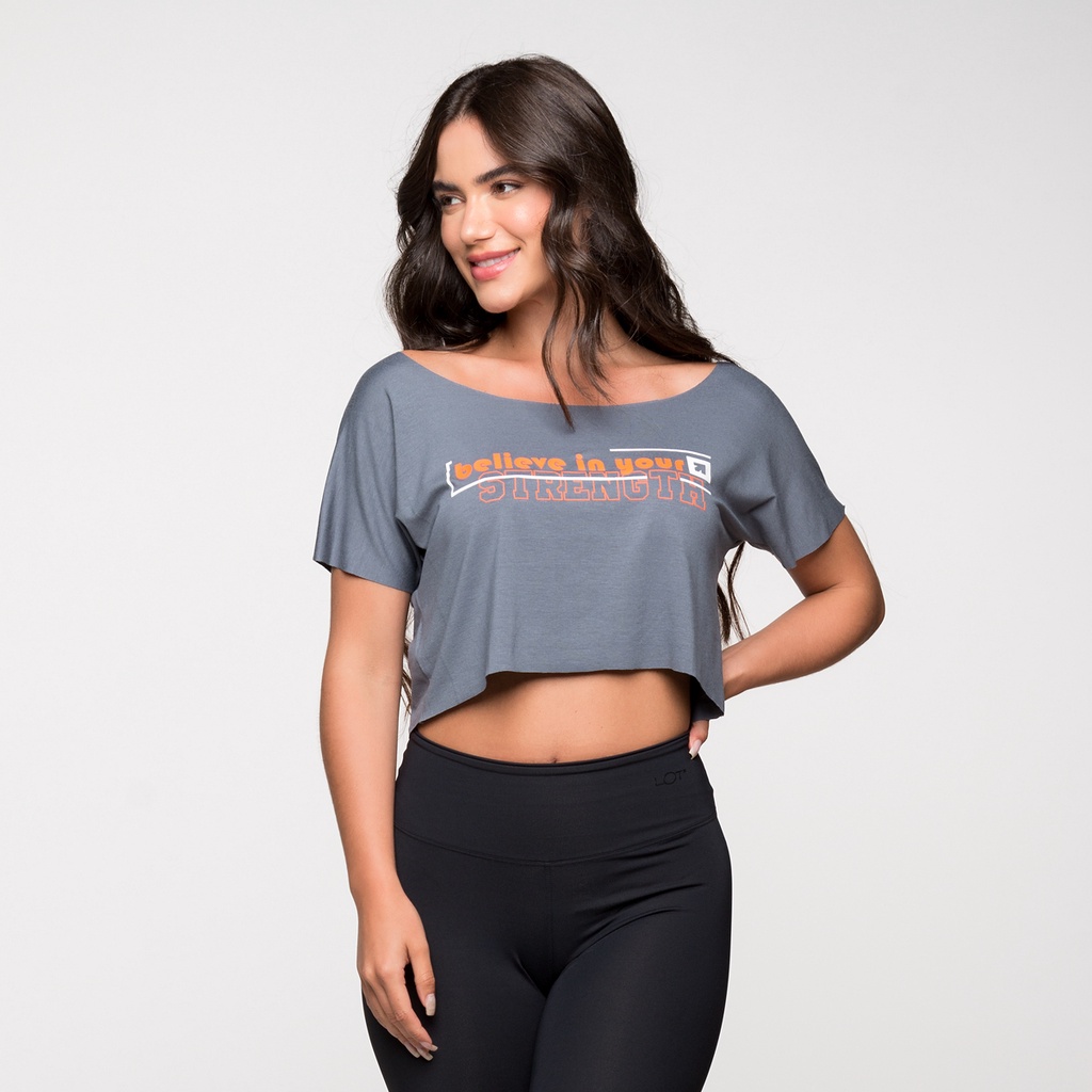 Cropped Fitness Feminio  Academia Viscolycra Basico Cinza Com Estampa Laranja em Oferta na Shopee