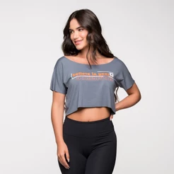 Cropped Fitness Feminio Academia Viscolycra Basico Cinza Com Estampa Laranja