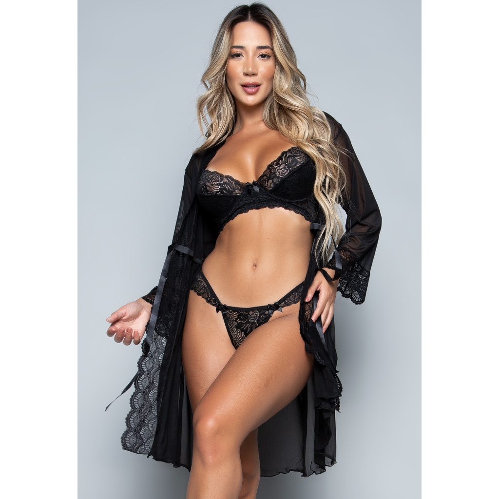 Conjunto Lingerie Com Aro Sem bojo e Robe feminino Sexy em Renda e Tule em Oferta na Shopee