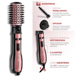 Escova Rotativa Mondial ER-10 5 em 1 1200W Black Rose, Seca, Modela, Alisa, Define Cachos Rose/Preto