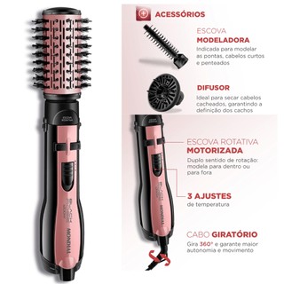 Escova Rotativa Mondial ER-10 5 em 1 1200W Black Rose, Seca, Modela, Alisa, Define Cachos Rose/Preto