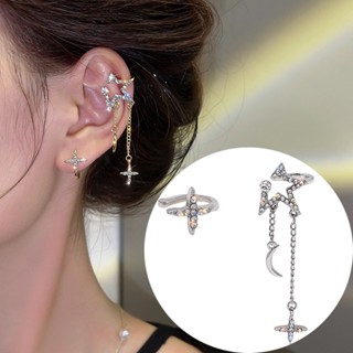 Coreia Coreana Assimétrica Estrela Lua Tassel Temperamento Elegante Moda Não Perfurada Clipe De Osso De Orelha
