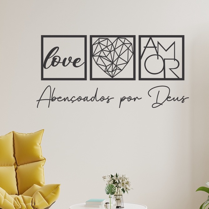 KIT 3 Quadros Abençoados por Deus, Love e Coração Geométrico Amor + Frase de Parede Religioso MDF Preto C/Dupla Face