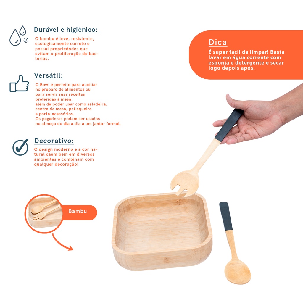 Detalhes do Kit bowl de bambu e utensílios para salada 3 pç preto -Oikos