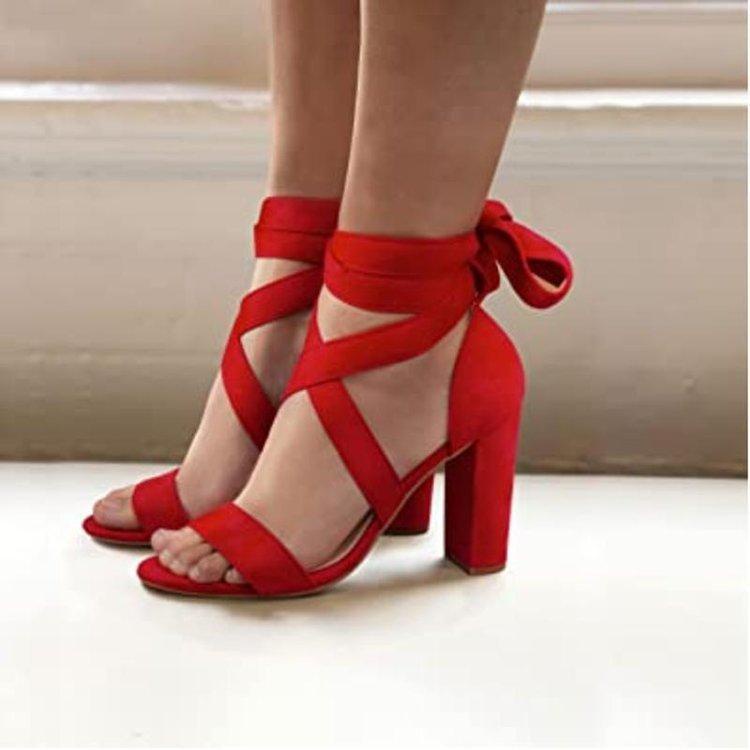 lace up chunky heels red