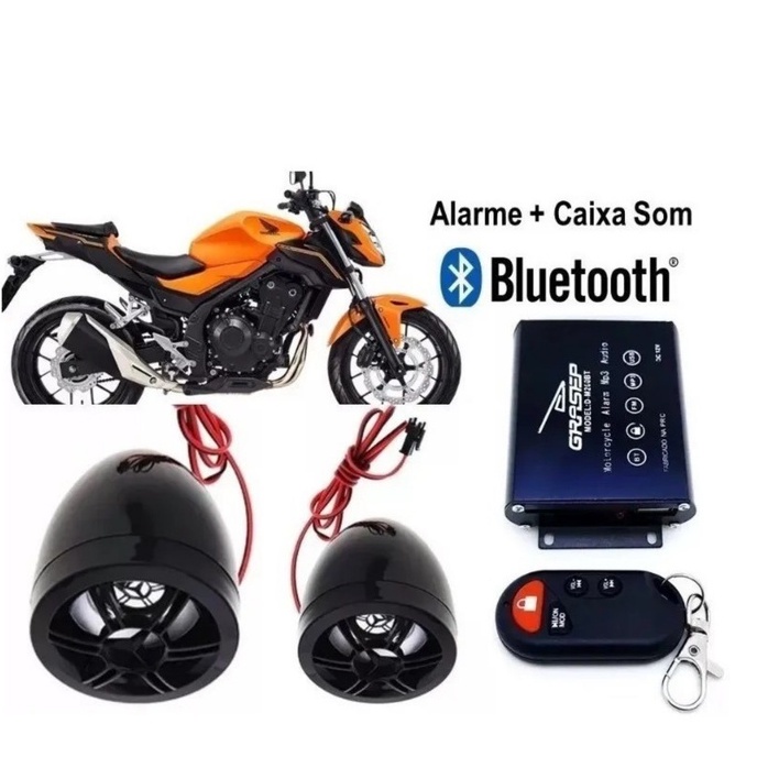 Caixa De Som para Moto Bluetooth Mp3 Fm Rádio SD Usb e Alarme com Controle Remoto