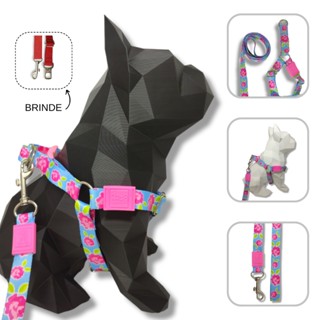 Conjunto peitoral, guia e cinto de segurança Pet para cachorro de todas as raças e tamanhos - Modelo Flores