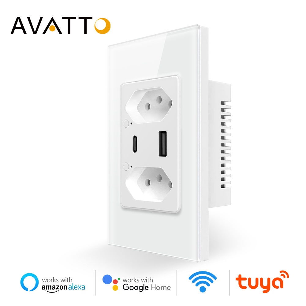 AVATTO Tuya WiFi Tomada De Parede Brasileira Inteligente , Porta USB Tipo C 16A Controle individual , Plug Work Para Google Home/Alexa