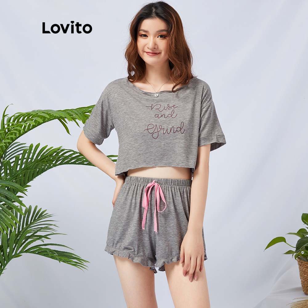 Lovito Casual Conjunto De Pijama De Estampa Escrita De Desenho De Amarrar L11073 Cinzento