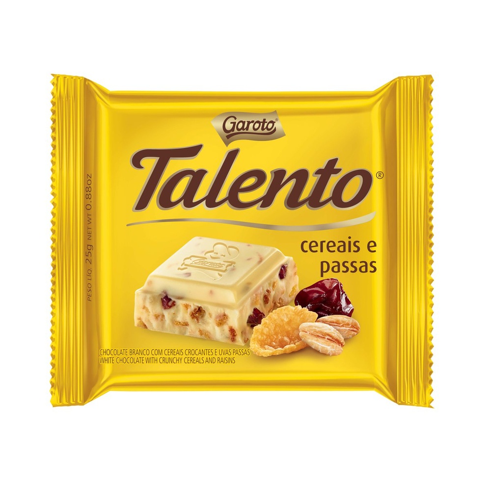 Chocolate GAROTO TALENTO Branco com Cereais e Passas 25g Shopee Brasil