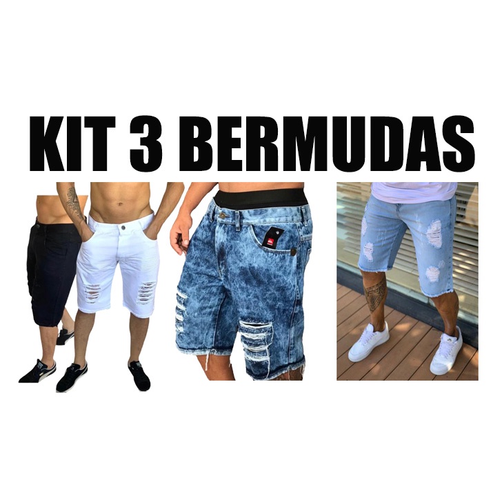 Kit 3 Bermudas Jeans Destroyed Desfiada Rasgada 4 cores promoção só hoje