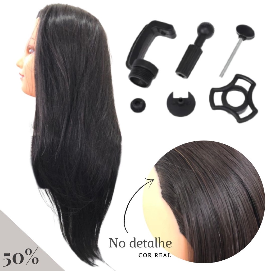 Cabeça De Treino Manequim Cabelo Misto Fibra Orgânica + Suporte De Mesa em Oferta na Shopee