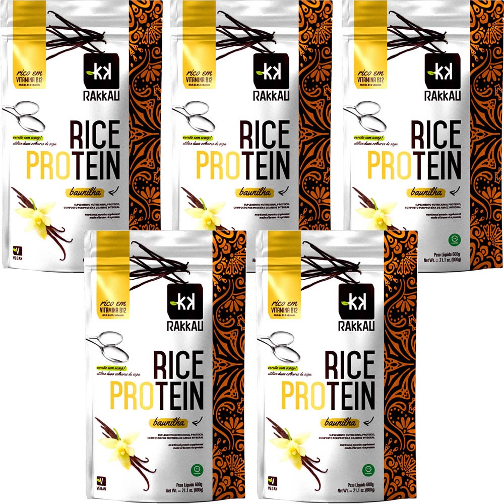 Kit 5 Rice Protein Baunilha Rakkau 600g - Vegano - Proteína