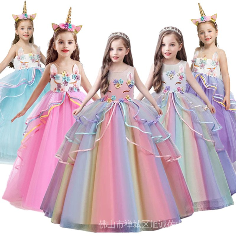 Wfrv Princesa Meninas Vestido De Verão Festa De Aniversário Unicórnio Longo Para 5-14 Anos