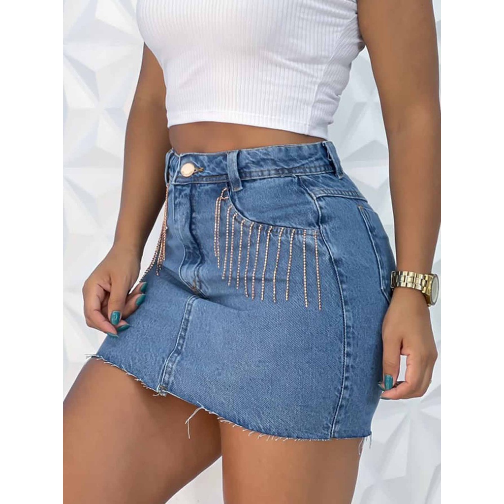 INFINITO MODA Mini Saia Jeans Com Brilho Desfiada Na Barra Bolso Zíper em Oferta na Shopee