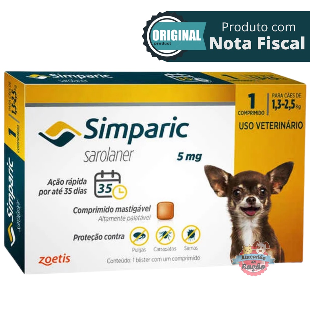 Simparic Antipulgas E Carrapatos Cães 1,3 a 2,5 Kg (5 mg) Caixa com 1 Comprimido - Pets