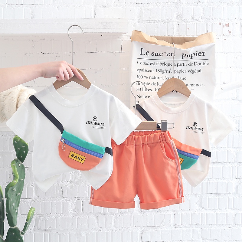 Crianças 0-4 Anos Traje Infantil Menino Desenho Bolsa Estampa Camiseta Bebê Algodão + Shorts Conjunto 2 Peças Roupas De