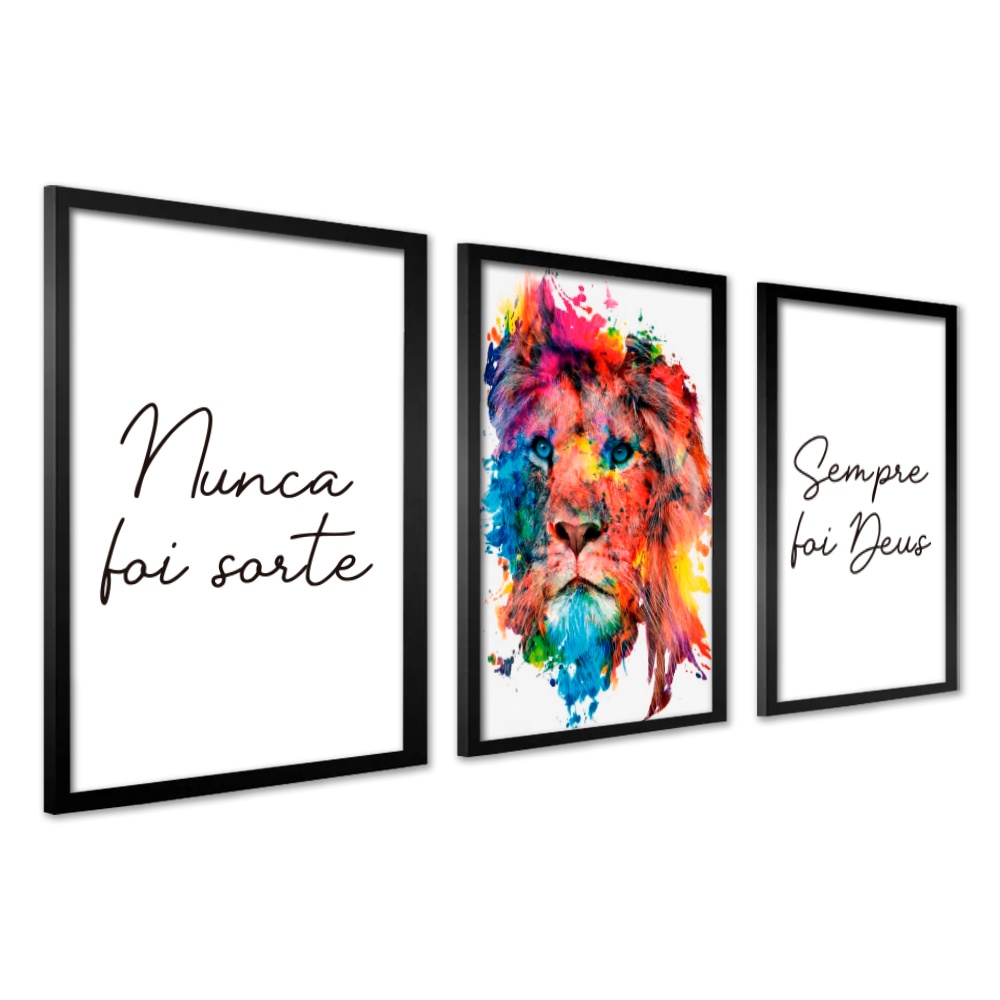Quadro Decorativo Leão de Judá Moldura Sala Quarto Grande Nunca Foi Sorte Sempre Foi Deus