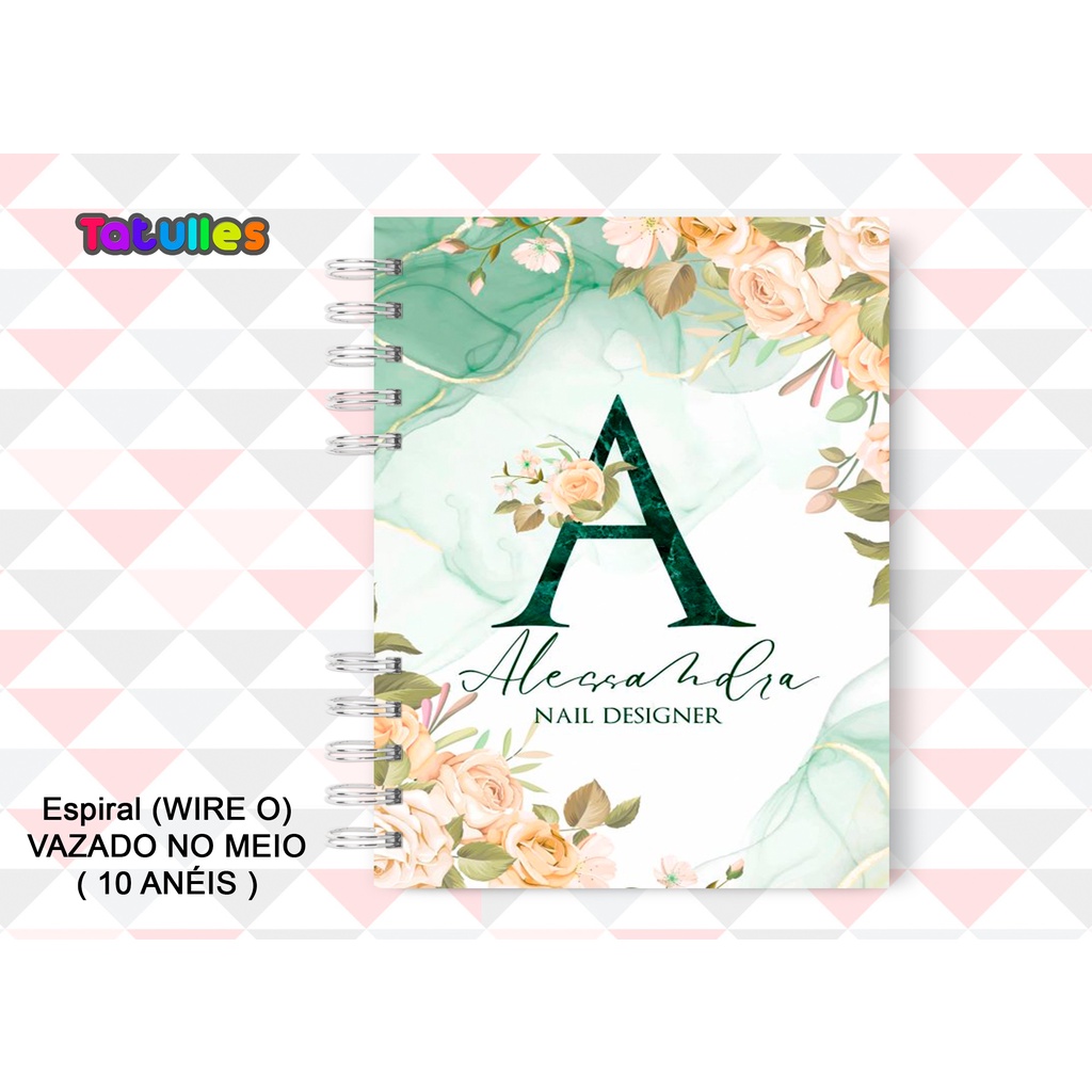 Agenda Nail Designer Floral Permanente Personalizada com 120 Páginas Espiral Vazado