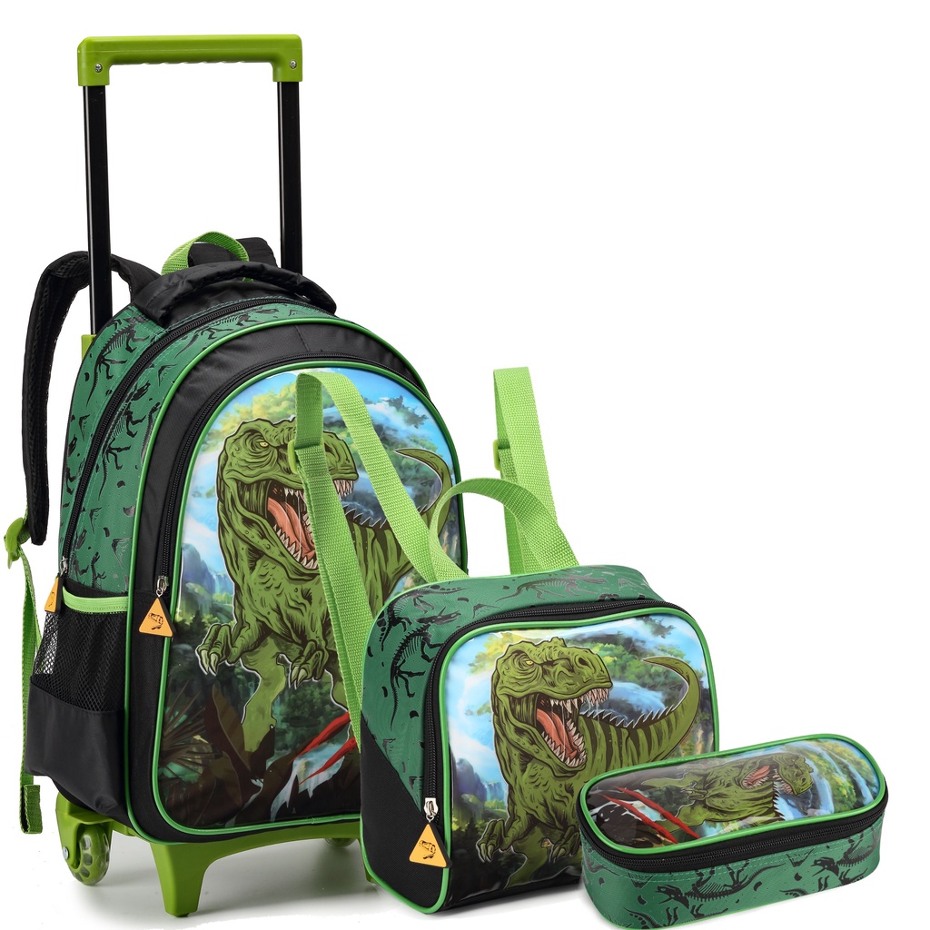 Mochila Infantil Escolar Rodinha Dinossauro Lancheira Estojo