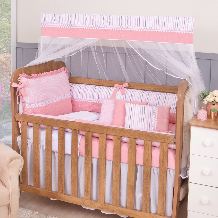 Kit Berço Luxo 13 Peças Estampado Menina Enxoval Completo Algodão Americano Protetor Quarto Bebê Rosa Com Mosquiteiro