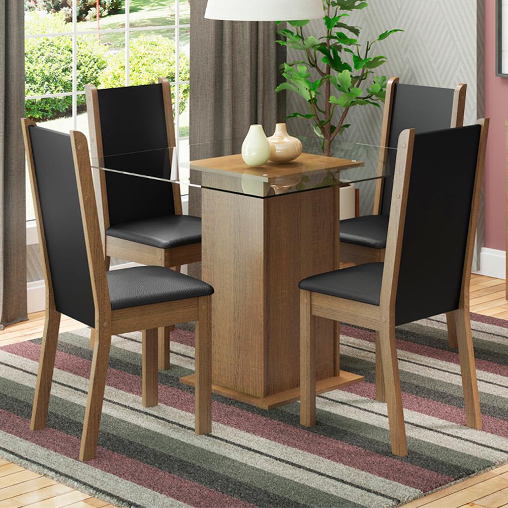 Conjunto Sala de Jantar Madesa Aline Mesa Tampo de Vidro 4 Cadeiras - Rustic/Preto/Sintético Preto