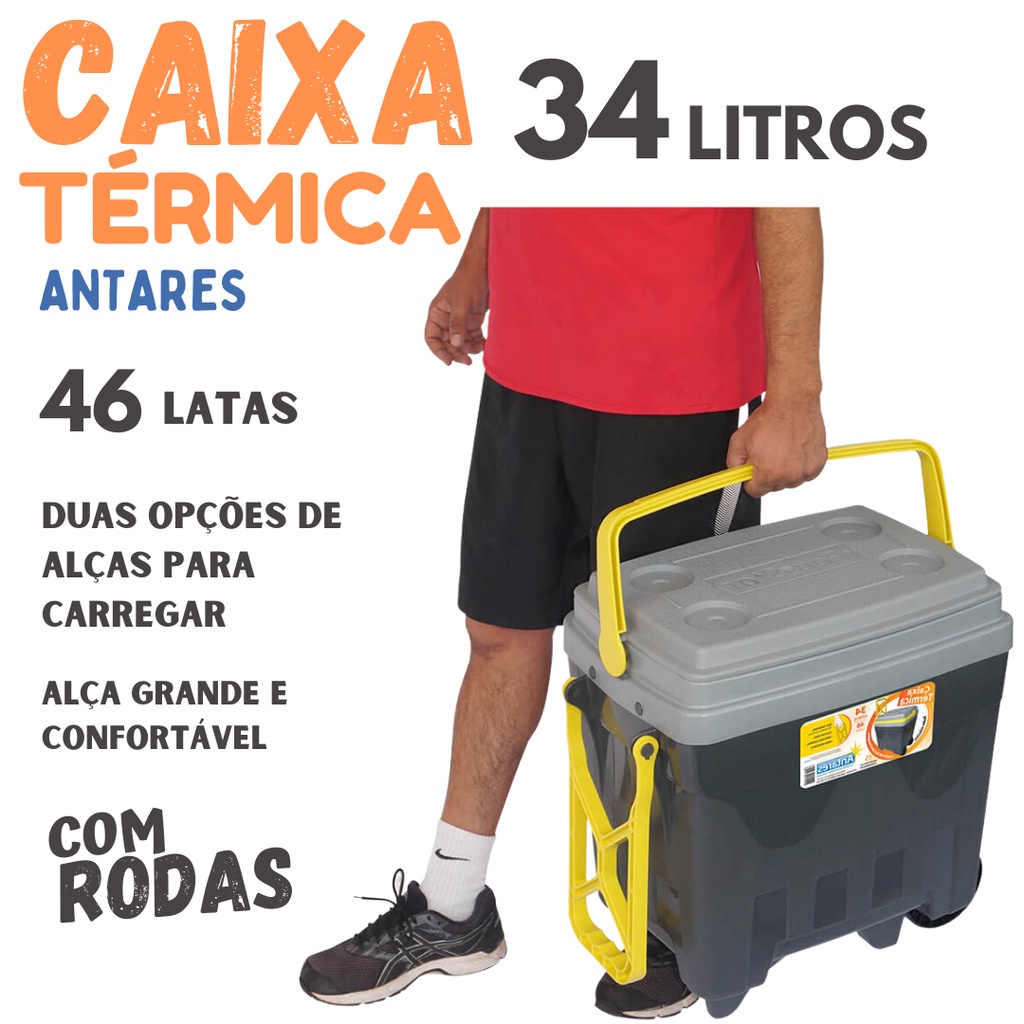 CAIXA TÉRMICA 46 LATAS DE 350ML, 34 LITROS C/ RODAS E ALÇAS | USO NO CAMPING, PRAIA, PESCA, E LAZER.