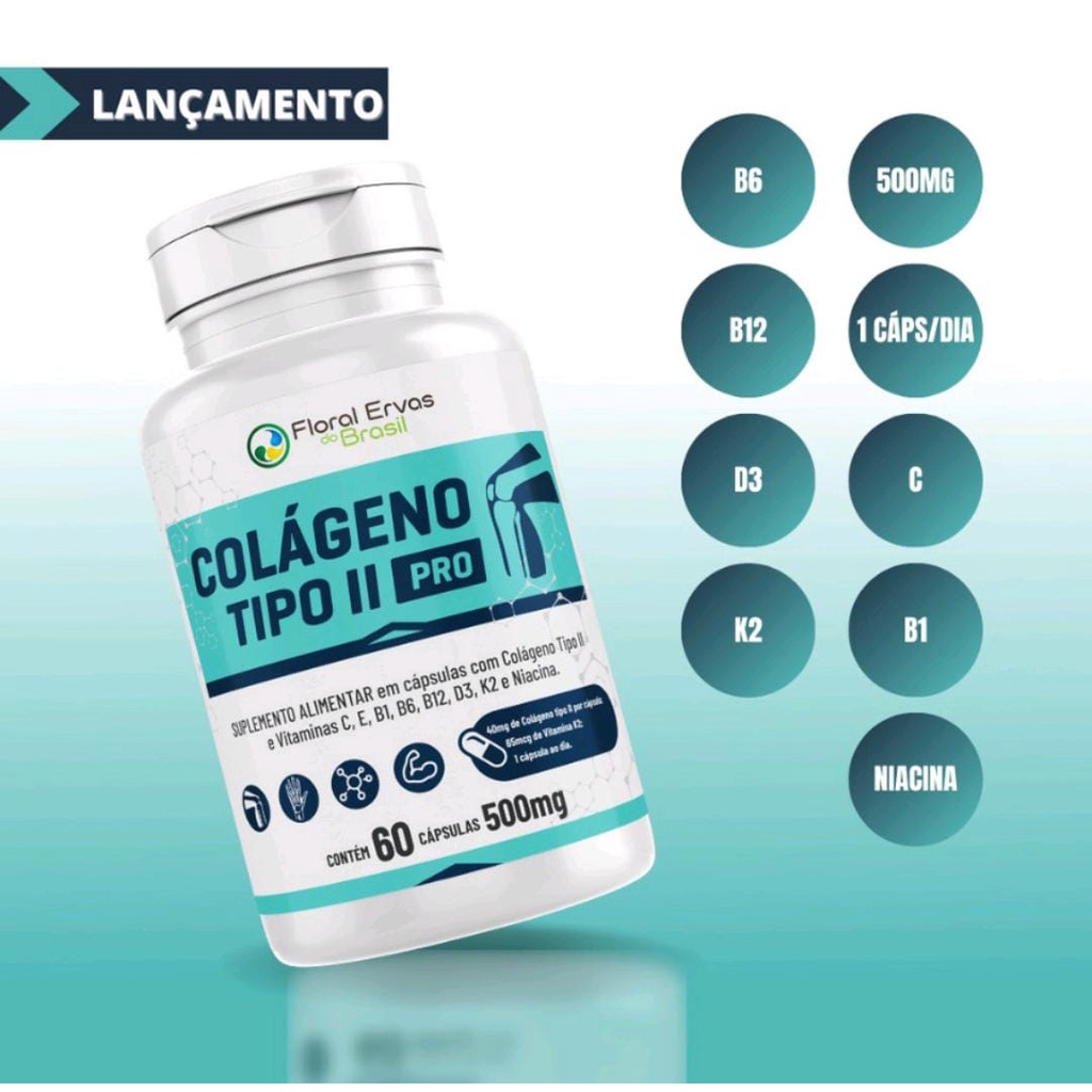 Colágeno Tipo 2 Com Vitaminas K2 e D3 Para Articulação Coluna Joelho Inflamações 60 Capsulas