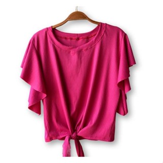 Blusa plus size canelada manga babado nó na cintura feminina tendência