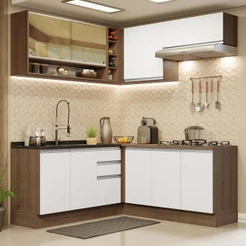 Cozinha Completa de Canto Madesa Glamy 349002 com Armário e Balcão (Sem Tampo e Pia) - Rustic/Branco