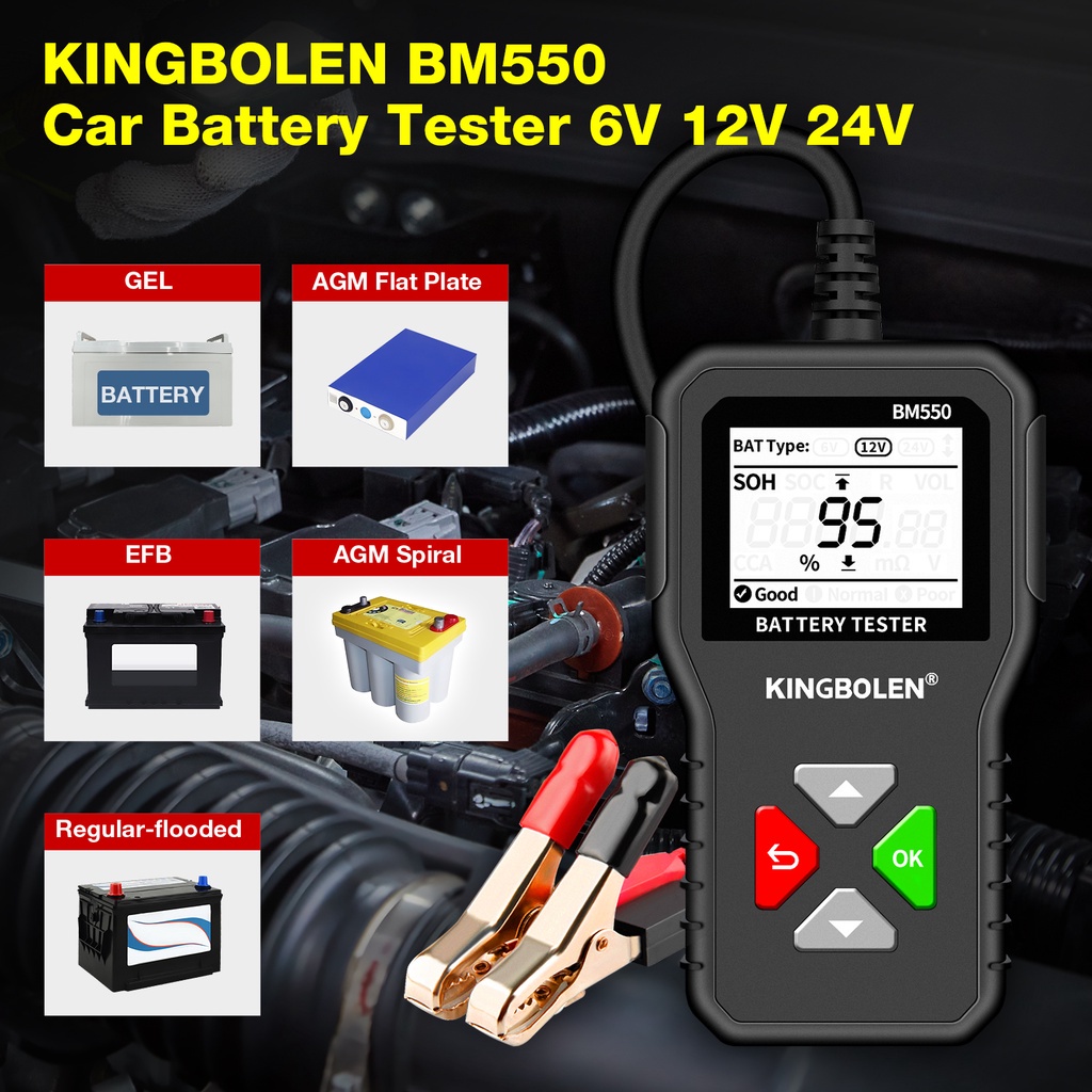 KINGBOLEN  Testador De Bateria De Carro BM550 6 V 12 24 100 A 2000CCA Cranking Carregamento Circut Tester Analisador De 12 Volts Também