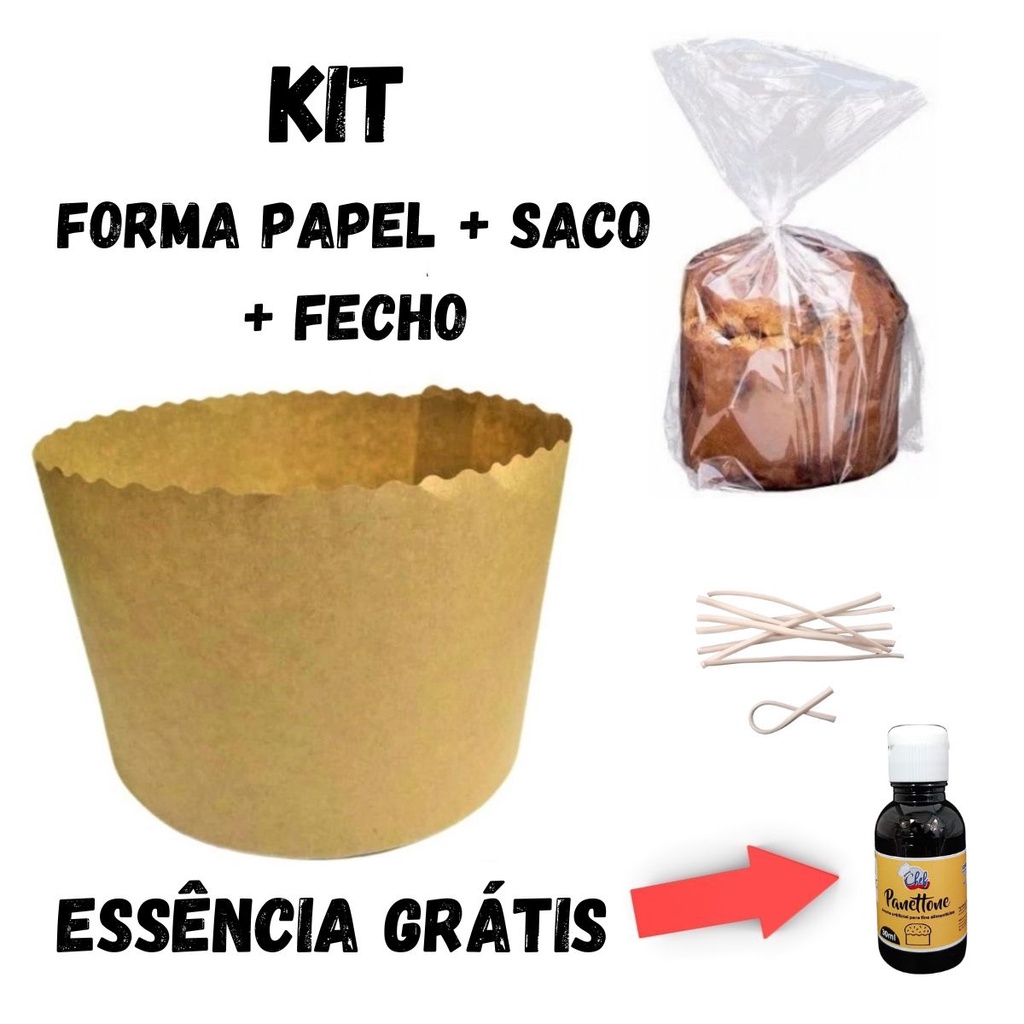 Kit 20 Forma Papel Panetone 500g Saco Fecho Essência