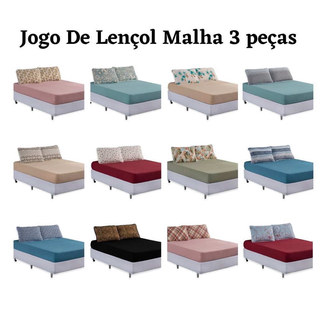 Jogo Lencol Solteiro 2pçs Malha Casal Padrão, Queen e King 100% Algodao C/ Elastico Fronha Estampada