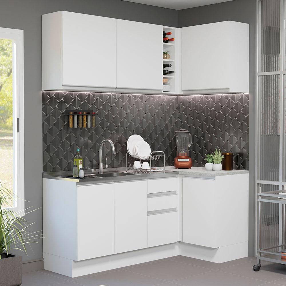 Cozinha Completa de Canto Madesa Glamy 269001 com Armário e Balcão (Sem Tampo e Pia) - Branco